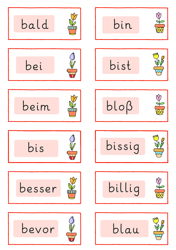 Wortkärtchen mit kleinen b-Wörtern